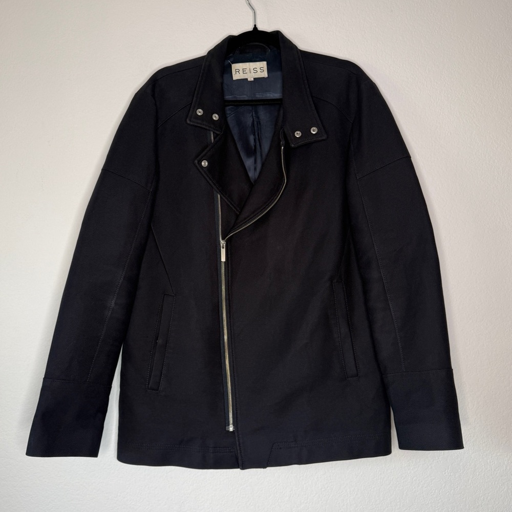 Reiss Jacket Moto Navy Asymmetrical Zip Silver Hardware Lined Collar Wear XL